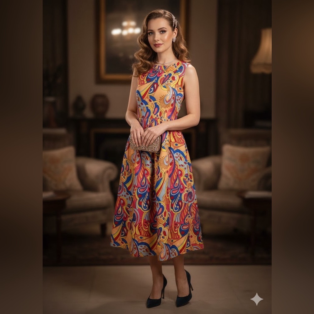 KOANDAILY Psychedelic Mod Floral Midi Dress Sleeveless Retro A-Line Glam Size M